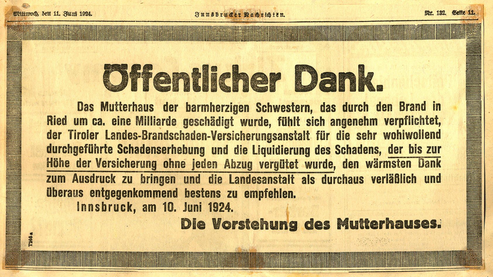 Großbrand bei den Barmherzigen Schwestern - TIROLER VERSICHERUNG
